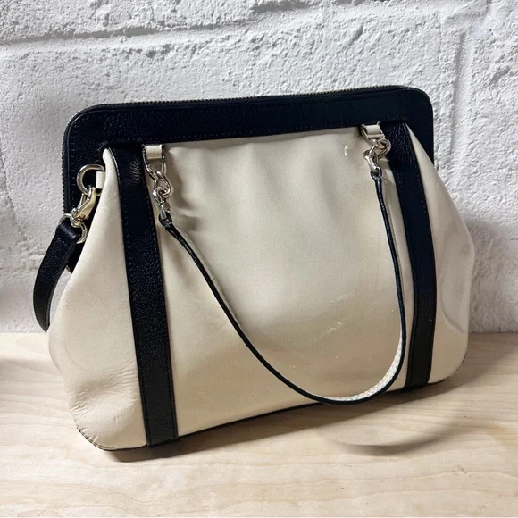 Kate Spade Auburn Place Cayton Satchel Bag Patent Cow Leather Cream and Black - Picture 3 of 15